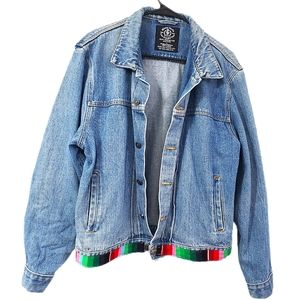 Vintage 90's Custom Retro Color Block Trim Light Medium Wash Denim Jean Jacket